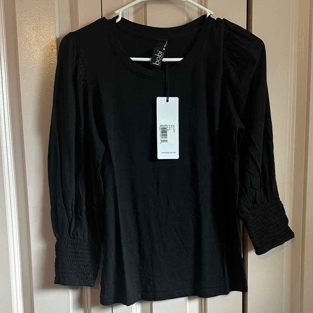 Bobi Black Smocked 3/4 Sleeve Tee